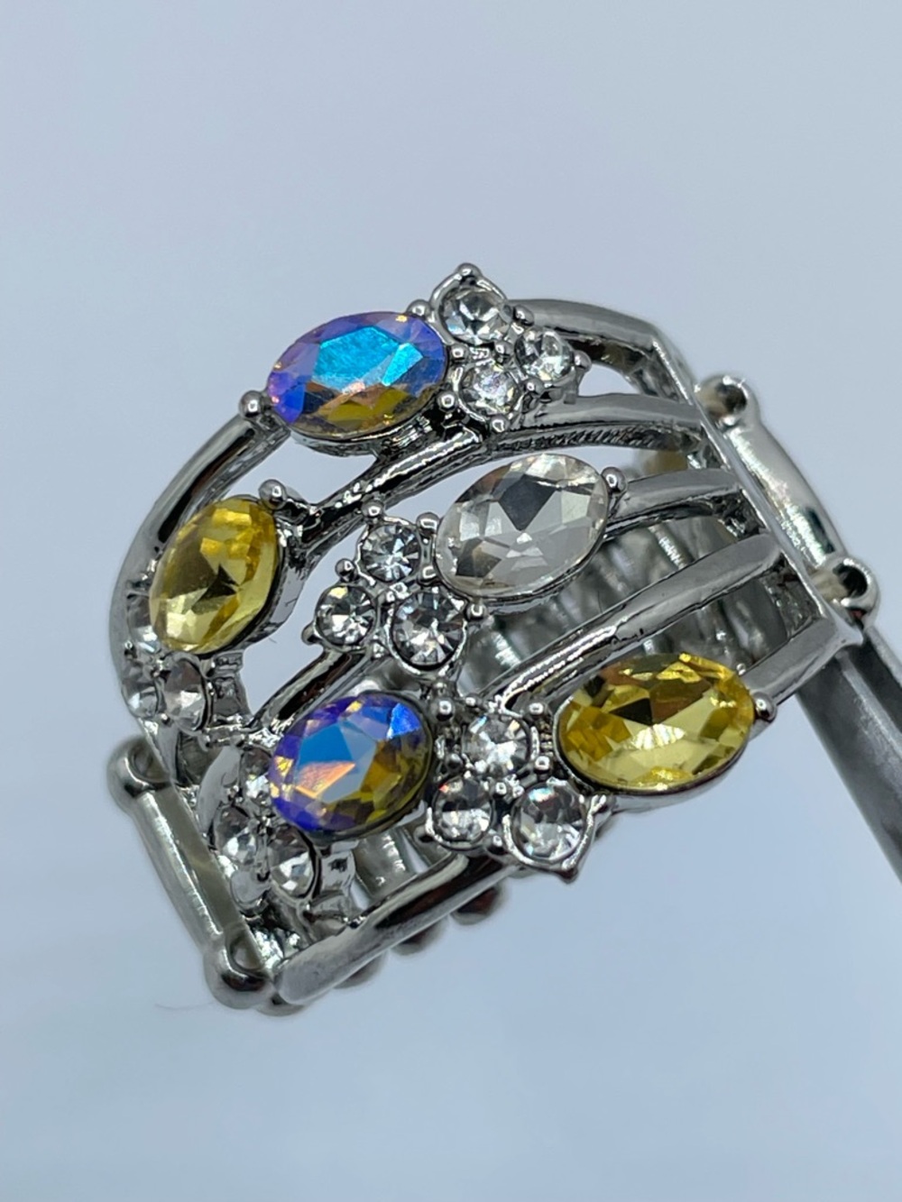 Silver Tone AB Crystal Stretch Ring Multicolor Rhinestone Statement - Picture 2 of 7